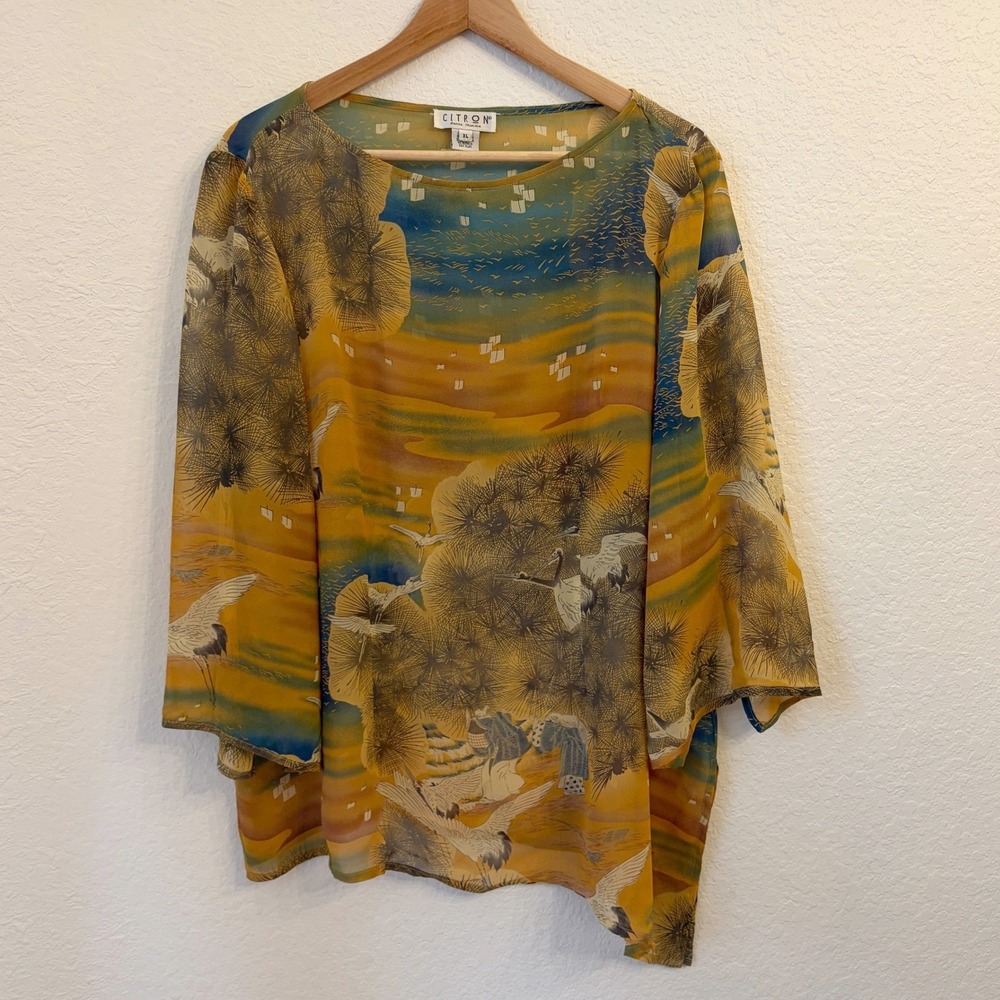 Citron Santa Monica Silk Tunic Top XL Sheer Asian Crane Print Sunset Artsy